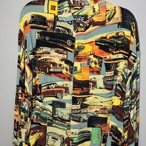 Vintage Café Car Print Casual Button Down Shirt, size “1”